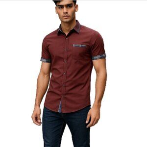 Men’s Shirt NWT Sz L Burgundy Short Sleeve Button Up Contrast Trim Collar Pocket